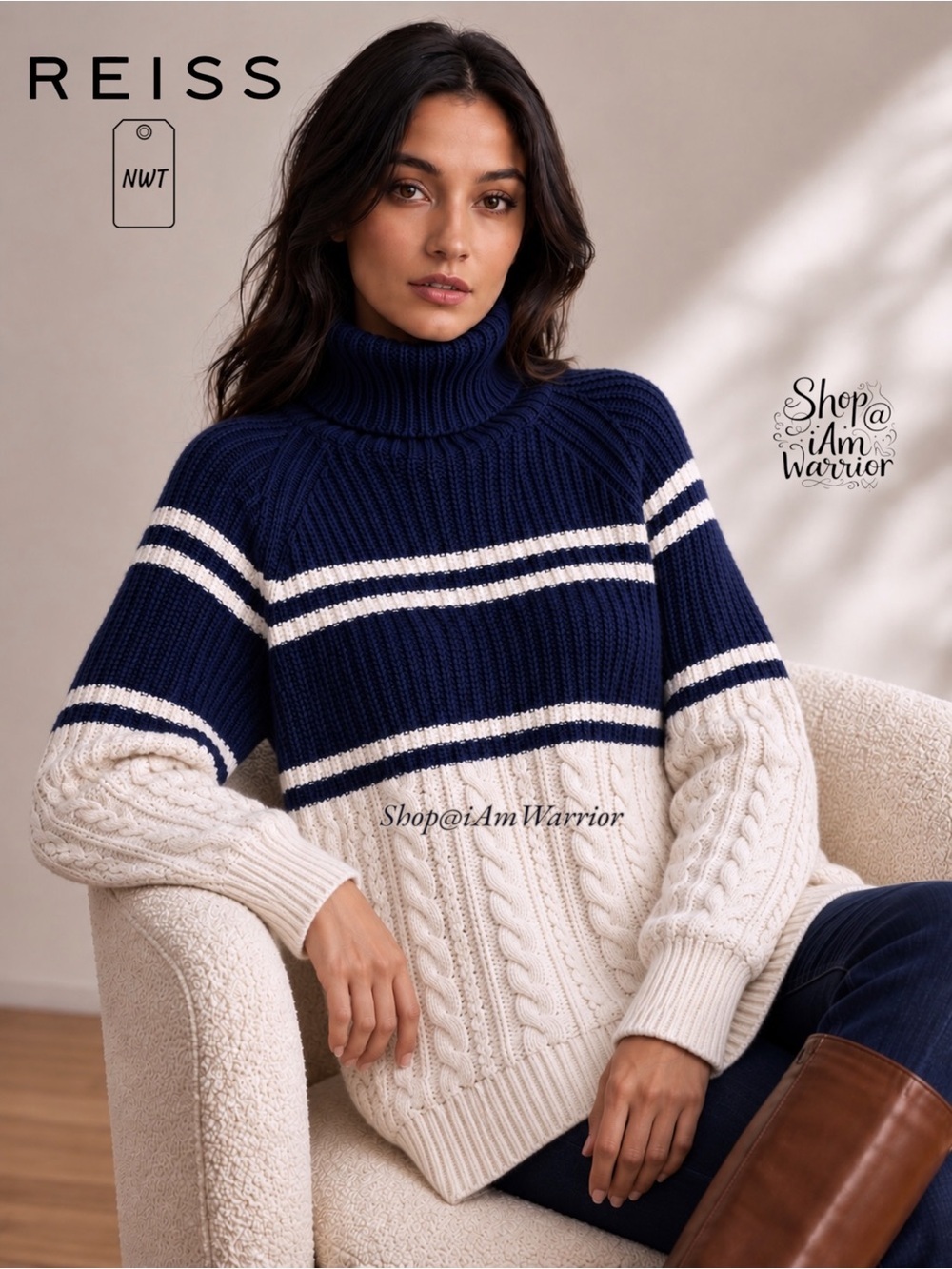 Reiss NWT Navy Ivory Fisherman Cable Knit Oversized Turtleneck Sweater